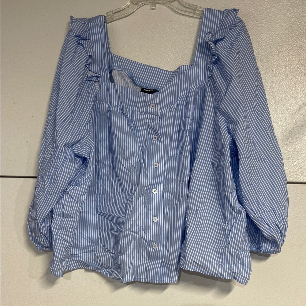 TORRID WOMENS RUFFLE TRIM STRIPED BLOUSE BLUE WHITE 2X NEW WITH TAGS - Picture 2 of 6